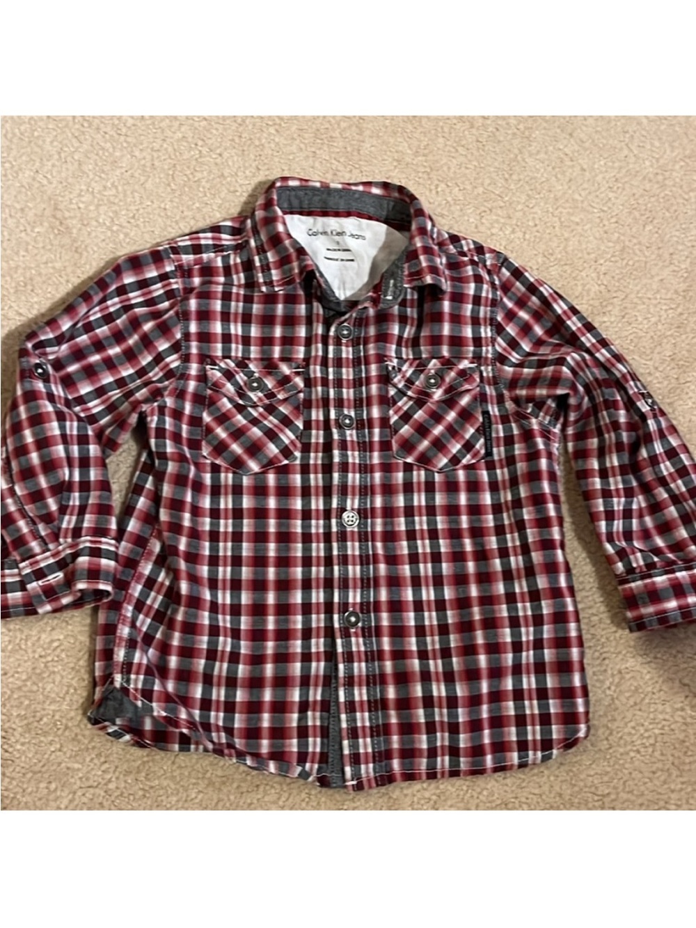 2T Calvin Klein Jeans Boys' Red and Black Plaid Button-Down Shirt